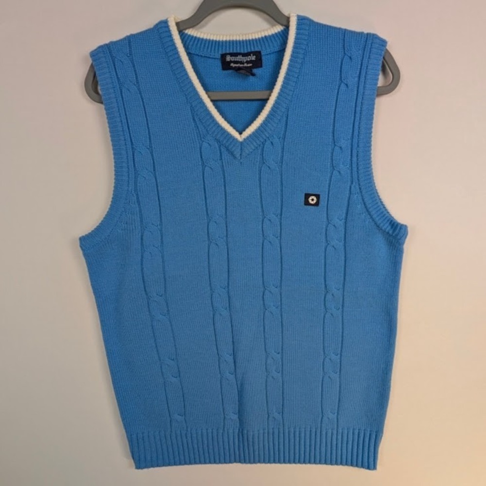 Southpole Cable Knit Sweater Vest Mens Medium Blue V-Neck Signature Series